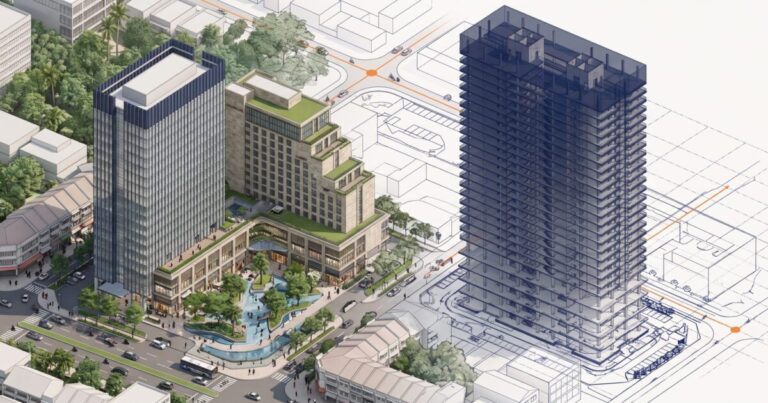 Render isometrik kawasan mixed use, sebagian masih berupa garis CAD dan sebagian sudah menjadi model 3D