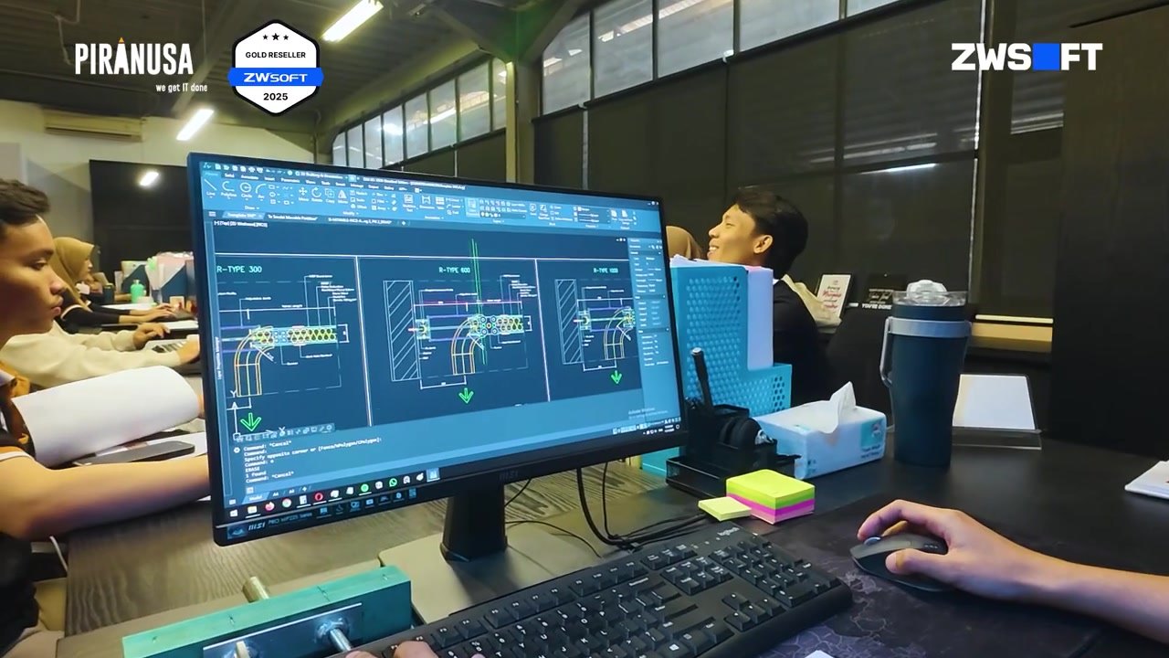 Tampilan layar ZWCAD menampilkan gambar teknik detail R TYPE 300 dan 600 di monitor lebar