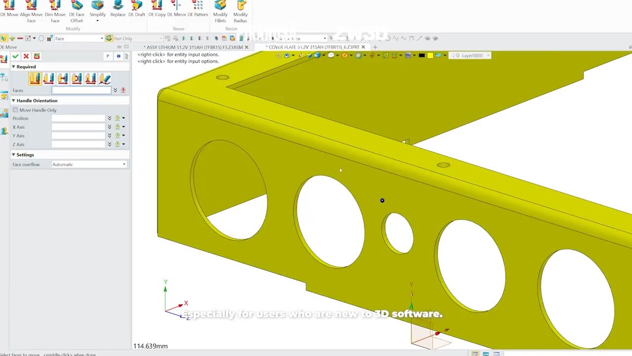 Tangkapan layar antarmuka software ZW3D menampilkan desain 3D cover plate baterai lithium dengan toolbar lengkap.