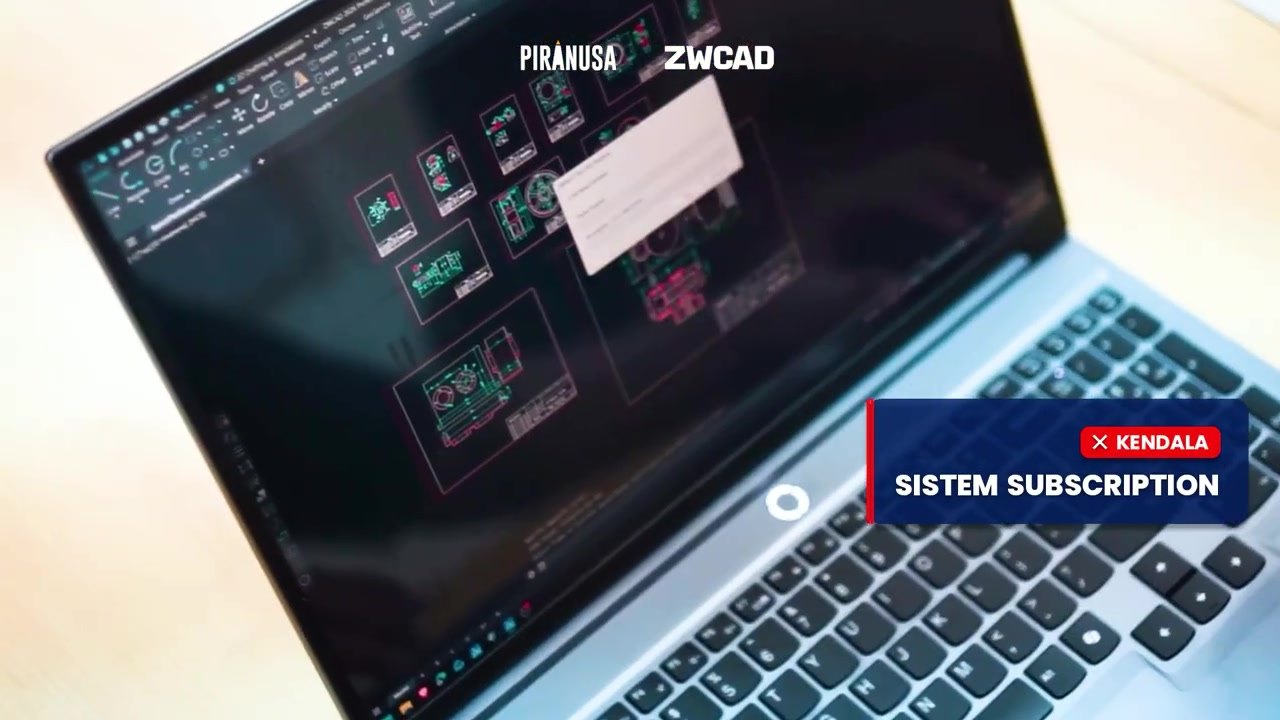 Layar laptop menampilkan software CAD dengan keterangan kendala sistem subscription